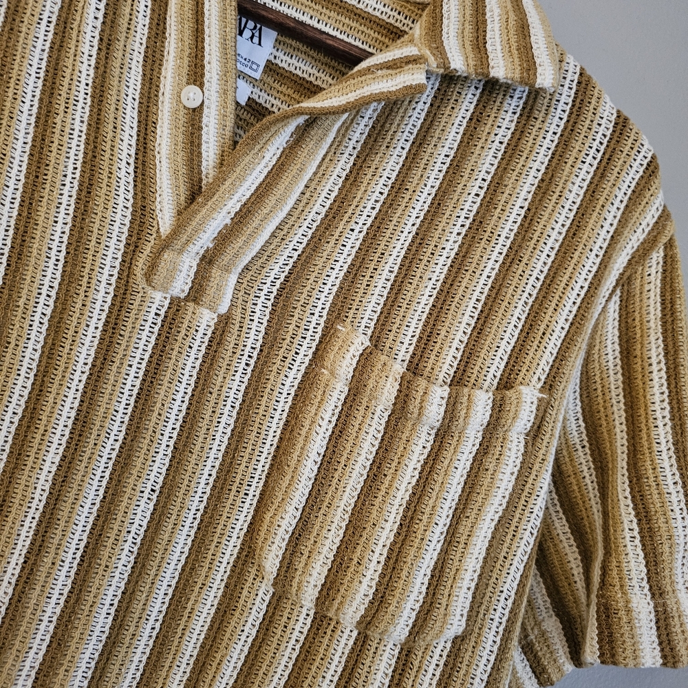 ZARA Men’s Knit Striped Polo Shirt Retro Textured Ribbed Short Sleeve Top Boho